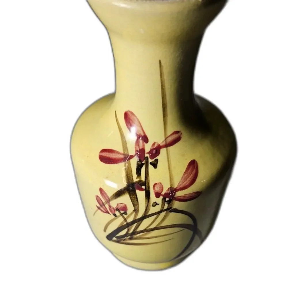 Vintage Yellow Ceramic Bud Vase Hand Painted Floral Orchid 6” Asian Style